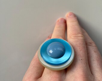 Adjustable Ring, Vintage Blue Button Statement Jewelry, Nickel-Free Copper Silver