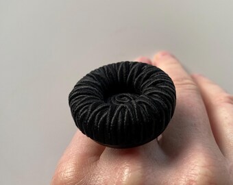 Sage, a chunky black ring made of a vintage textile button from Sweden.