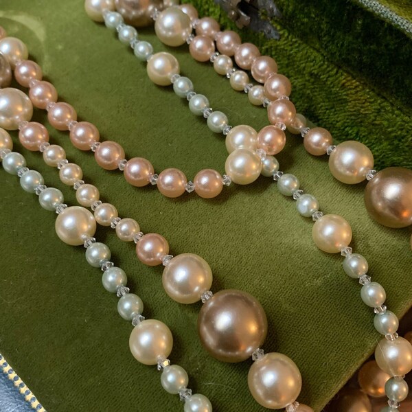 Vintage Signed Tarina Tarantino Triple Strand Faux Pearls and Crystal Bead Necklace with Silver Rhinestone Clasp 35 Inch Pastel Pearls