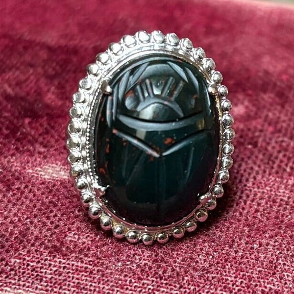 Vintage Sterling Signed Uncas Carved Bloodstone Scarab Ring Size 6 Mid Century Jewelry 925 Sterling Silver 1 Inch Scarab Egyptian Revival