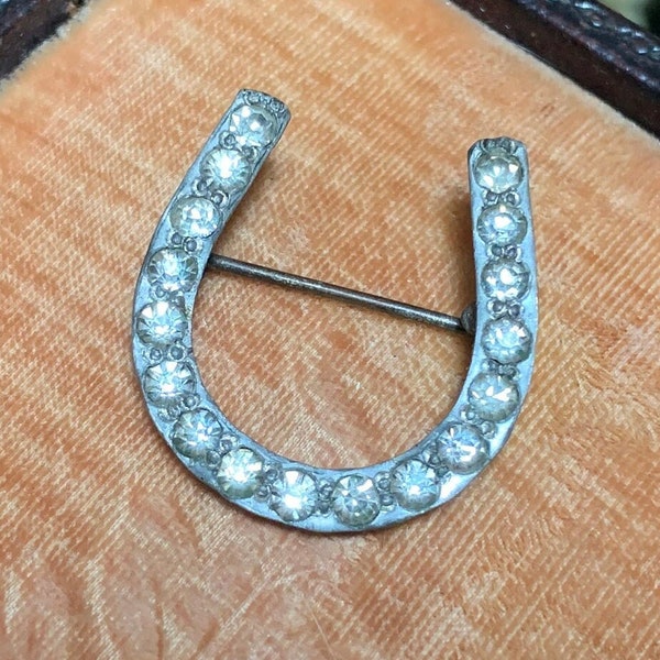 Antique Silver Horseshoe Old Cut Diamond Paste Brooch Early 20th Century Clear Glass Stone Crystal Pin Equestrian Jewelry Lucky Horseshoe