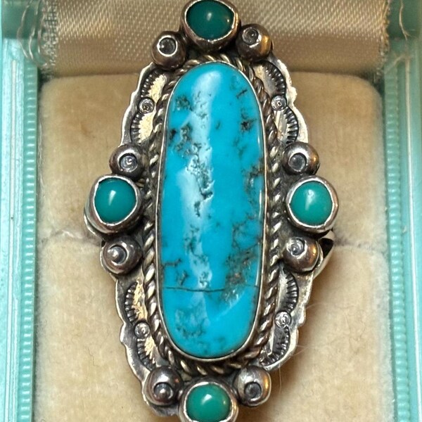 Vintage Sterling Silver Turquoise Statement Ring Southwestern Jewelry 1.5 Inch Size 9