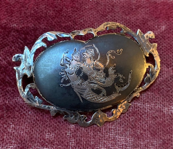 Broche Vintage En Argent Massif Niellé - Signée Amfarco SIAM Thailand - Bon État