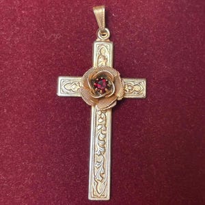 Vintage Signed Hobe Gold Toned Cross with Garnet Glass Centered Rose Leaf Design 2 Inch Length Mid 20th Century Costume Jewelry