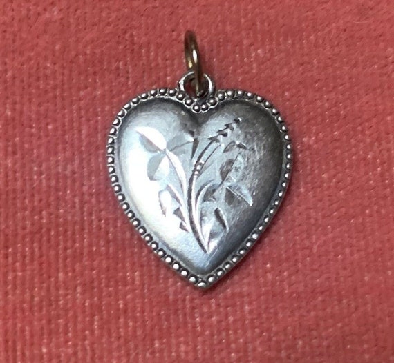 Antique Sterling Silver Heart Charm Etched Floral… - image 1