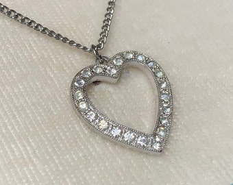 Vintage Silver Heart with Rhinestones Necklace in Original Box and Packaging Hand Set Stones Silver Toned Metal Mid Century Costume Jewelry