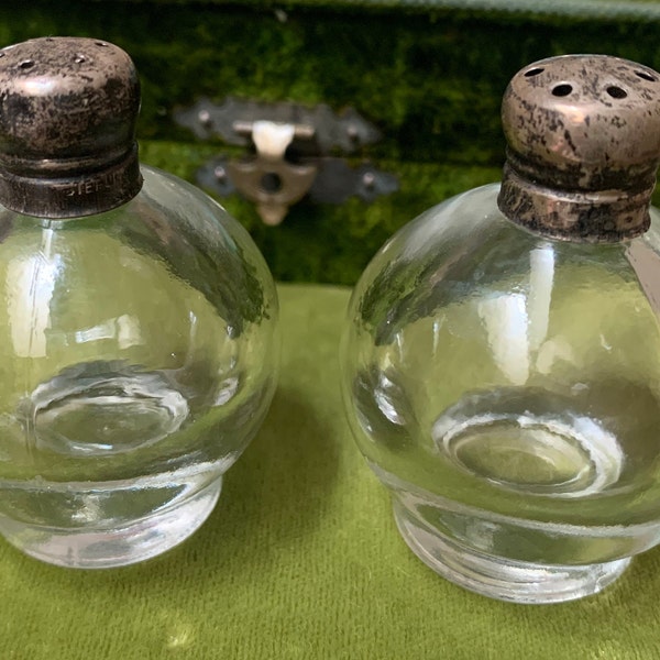 Early Vintage Sterling Silver and Glass Salt and Pepper Shaker Set Clear Glass Onion Bulb Shape Art Deco Era Decor