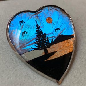 Vintage Silver Butterfly Wing Painted Scenic Heart Brooch Retro Era Jewelry Morpho Butterfly Pin Jewelry