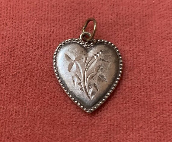 Antique Sterling Silver Heart Charm Etched Floral… - image 8