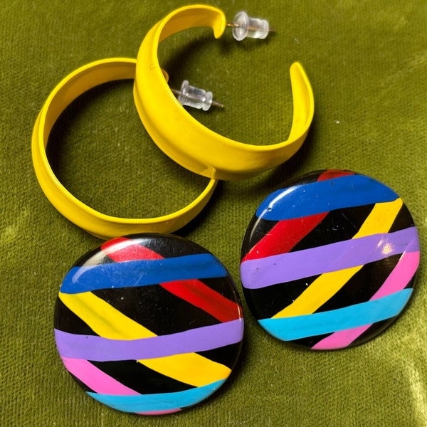 Vintage 1980s Earring Duo Colorful Yellow Metal Hoops Painted Button Stud Earrings Pierced Earrings Retro Costume Jewelry Statement Earrings