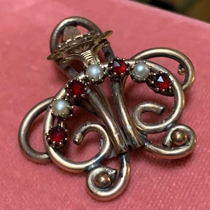 Antique Victorian Gold Filled Bohemian Garnet and Pearl Brooch C Clasp 19th Century Jewelry Rose Cut Garnet Etched Gold Pin