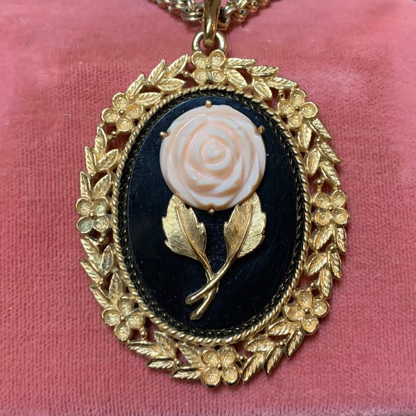 Vintage Avon Pink Coral Colored Rose Cameo Flower Mirror Necklace In Original Box 1970s Victorian Style 31 Inch Gold Chain New Old Stock