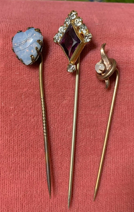 Antique Stick Pin Trio Gold Filled Amethyst Glass… - image 7