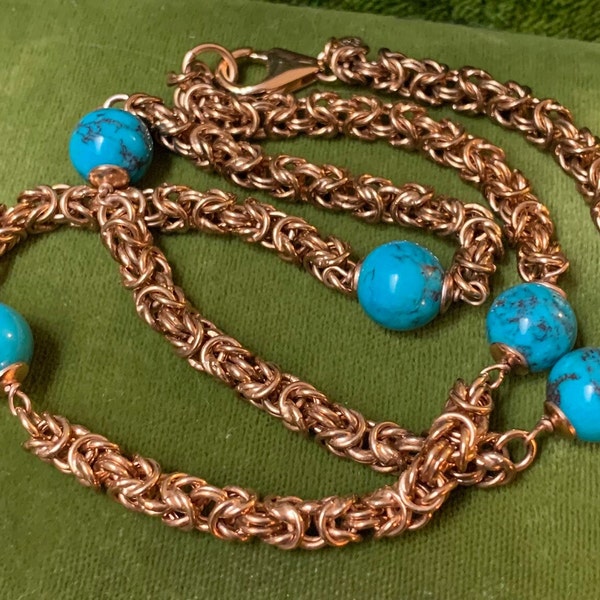 Estate Bronze Milor Italy Gold Byzantine Chain 20 Inch Length with Turquoise Color Beads Lobster Claw Clasp Vintage Chain