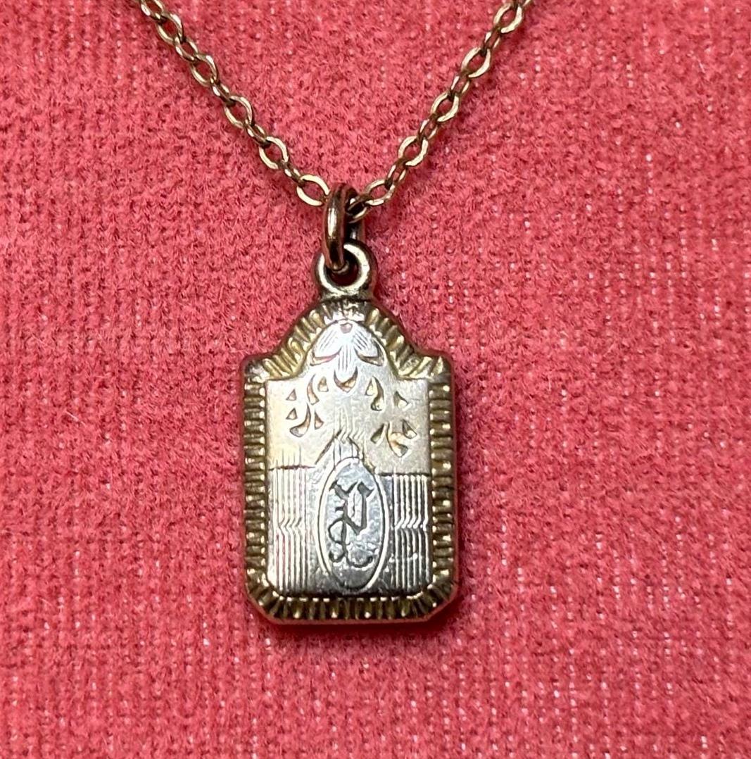 Antique Gold Filled Engraved Pendant on 15.5 Inch Chain Art Deco Two Toned Etched Design Puffy 5/8 Inch Pendant