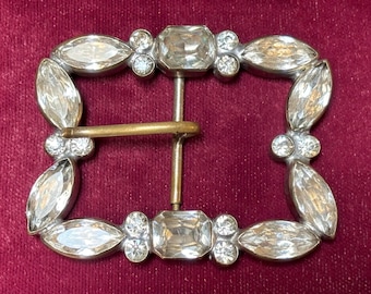 Art Deco Era Silver Paste Belt Buckle Clear Stones Bezel Set 1920-1940s Costume Jewelry