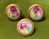Antique Hand Painted Porcelain Floral Brooch and Button Set Brass Pin and Stud Buttons Early 20th Century Victorian Edwardian Rose Jewelry