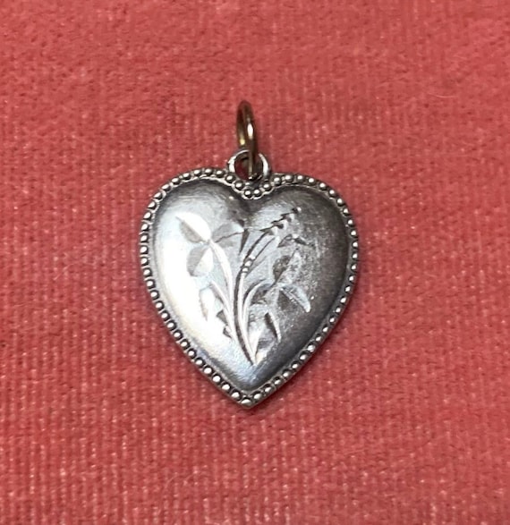 Antique Sterling Silver Heart Charm Etched Floral… - image 2