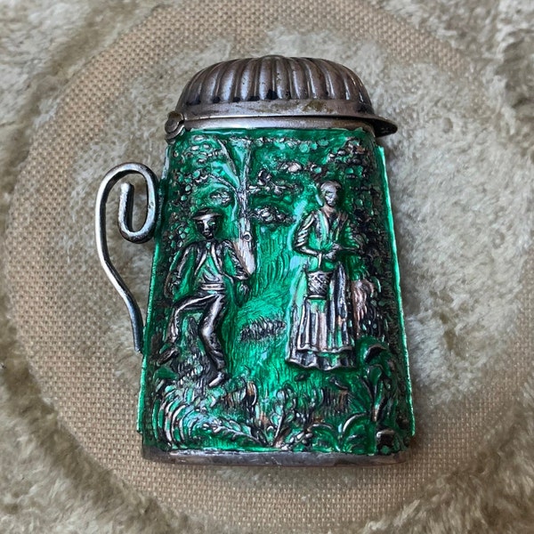 Antique 800 Silver Italian Vesta Case Match Safe Early 20th Century Green Enamel Signed Brevettato Stein Made in Italy