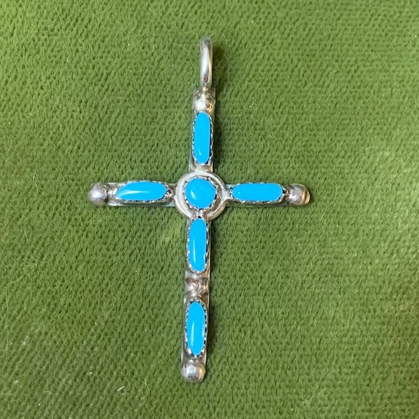 Vintage Sterling Silver and Turquoise Native American Zuni Cross Pendant 1.5 Inch Length Handmade Jewelry