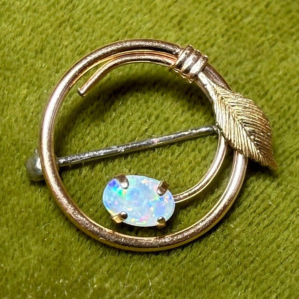 Vintage Signed Krementz Gold and Opal Pin With Lead Design Circle Brooch Gold Plated Designer Genuine Opal Jewelry Mid Century