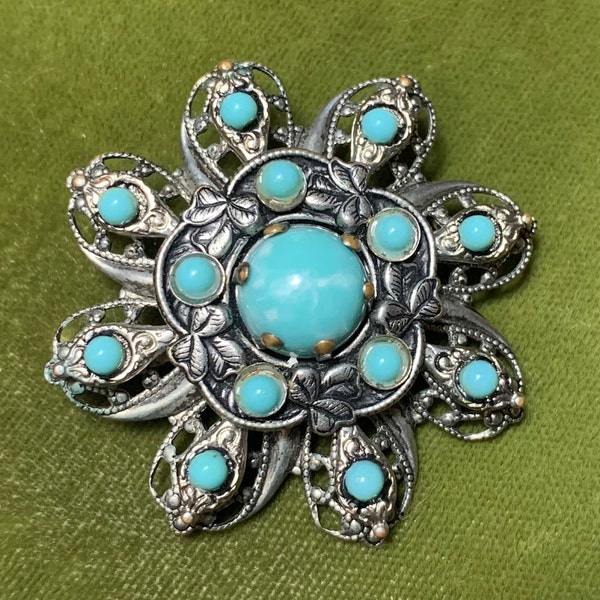 Vintage Silver Floral Brooch with Faux Turquoise Cabochon Stones Mid 20th Century Jewelry