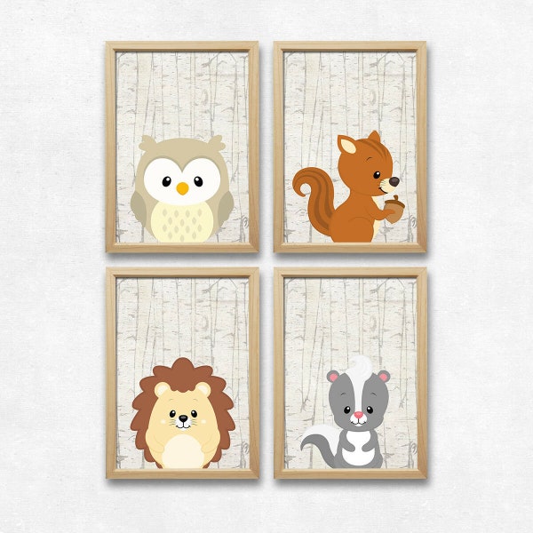 Eule, Eichhörnchen, Igel und Stinktier  - Wald Tiere Kunstdruck Set - Kinderzimmer Deko Bilder