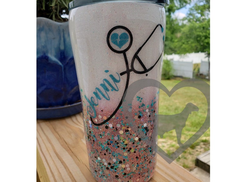 Nurse tumbler glitter dipped Tumbler Heartbeat stethoscope image 0