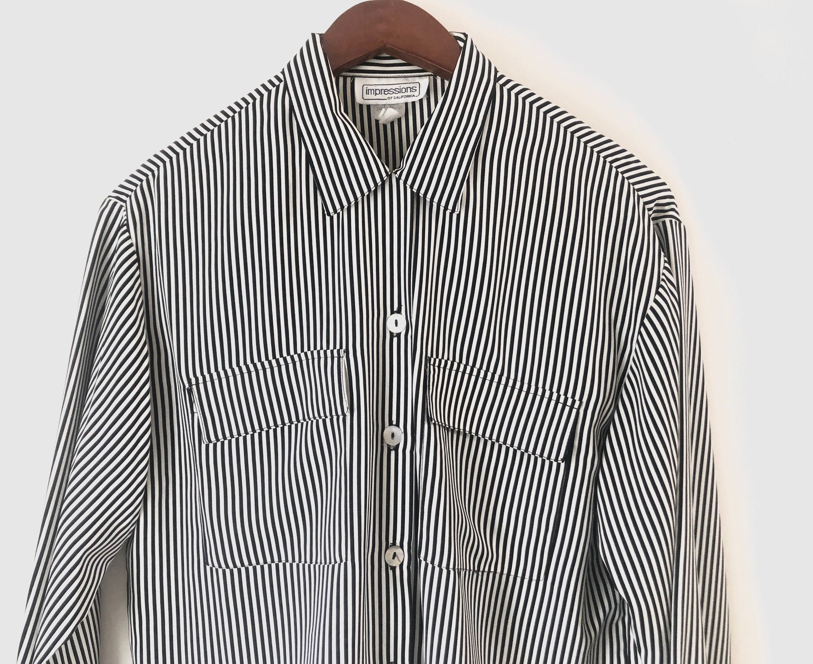 80s Vintage Black and White Striped Button up Blouse - Etsy