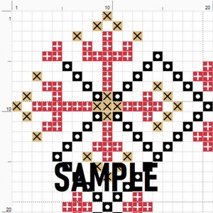 Puede incluir: Un patr&oacute;n de punto de cruz con un dise&ntilde;o de copo de nieve. El copo de nieve est&aacute; hecho de X y + de color rojo, negro, blanco y dorado. El patr&oacute;n est&aacute; en una cuadr&iacute;cula con n&uacute;meros a los lados.