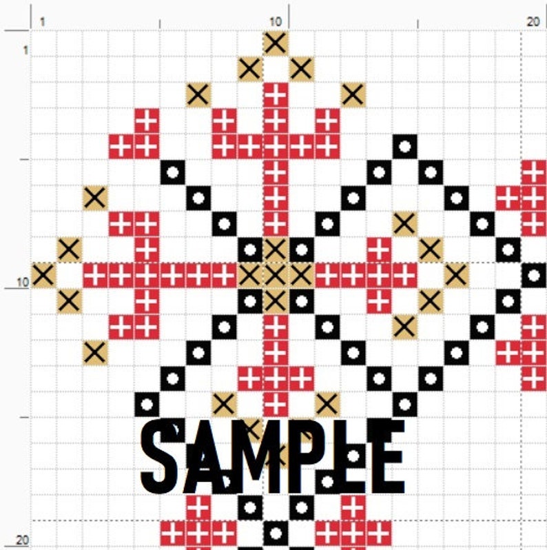 Puede incluir: Un patr&oacute;n de punto de cruz con un dise&ntilde;o de copo de nieve. El copo de nieve est&aacute; hecho de X y + de color rojo, negro, blanco y dorado. El patr&oacute;n est&aacute; en una cuadr&iacute;cula con n&uacute;meros a los lados.