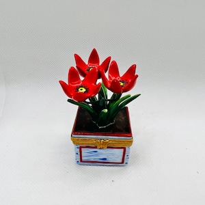 Stunning Red POPPIES in Planter ~ Limoges Trinket Box ~ Peint main (Hand-Painted) in Limoges, France ~ Flowers Garden Gift