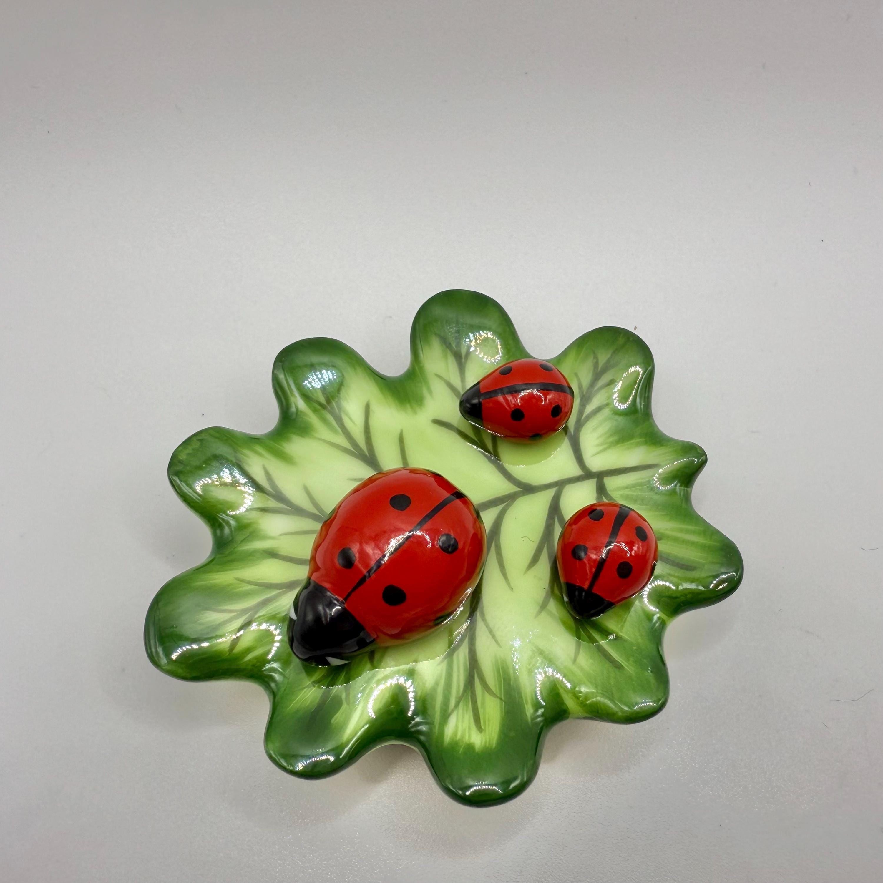 STUNNING Three LADYBUGS on Leaf ~ Elda Creations ~ Limoges Box