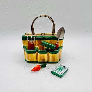 Exquisite GARDEN TOOL Bag w/ Tools, Carrot and Beans Book ~ Rochard ~ Limoges Trinket Box ~ Peint main (Hand-painted) ~ Gardener Gift