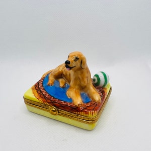 Stunning GOLDEN RETRIEVER ~ ARTORIA ~ Limoges Trinket Box ~ Peint main ~ France ~ Rare Puppy Dog Gift
