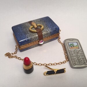 Monedero de piel de serpiente Limoges con accesorios extraíbles: gafas de sol, lápiz labial y teléfono móvil ~ Peint main ~ Francia Coleccionable europeo