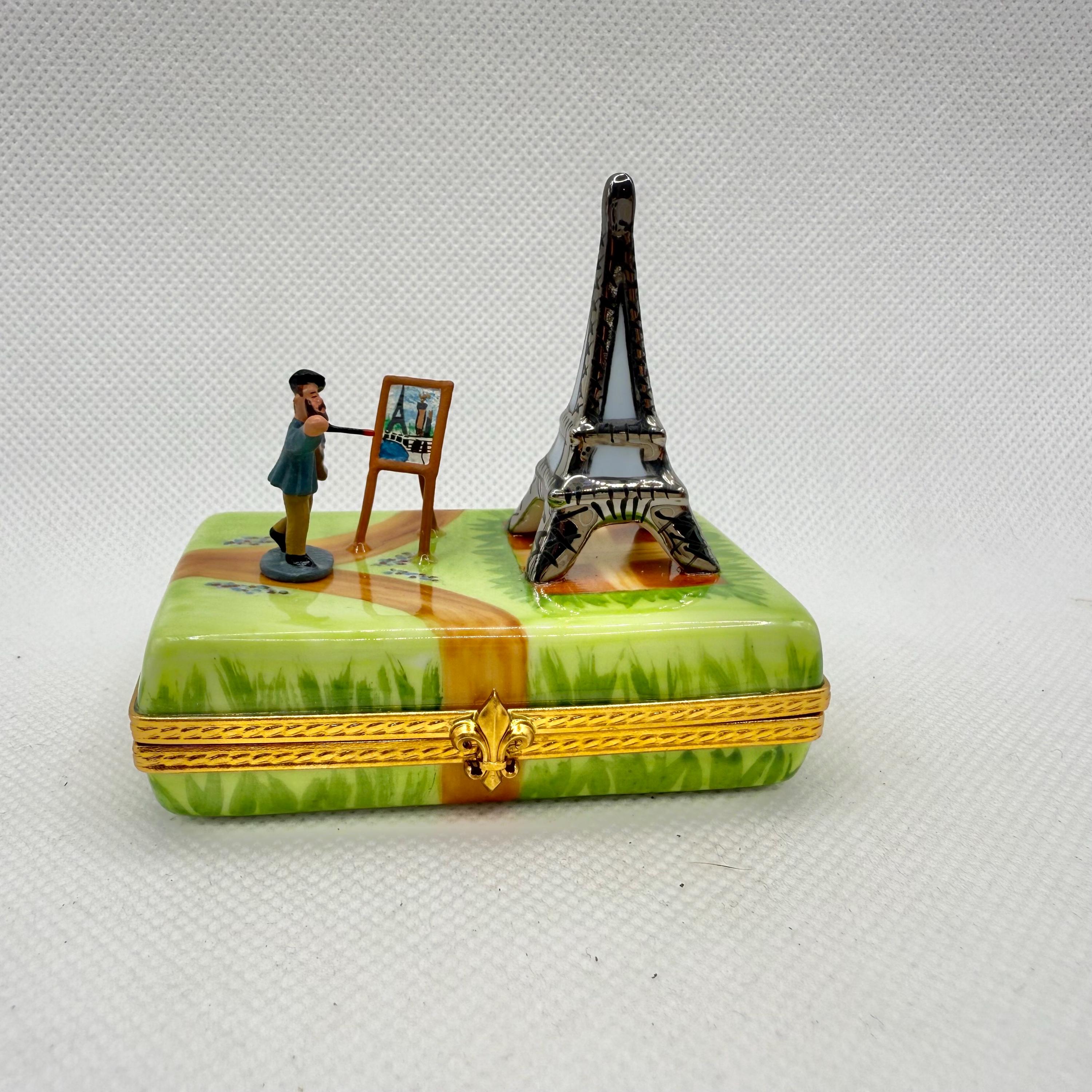 PAINTER in PARIS W Eiffel Tower ~ Limoges Trinket Box ~ Peint Main