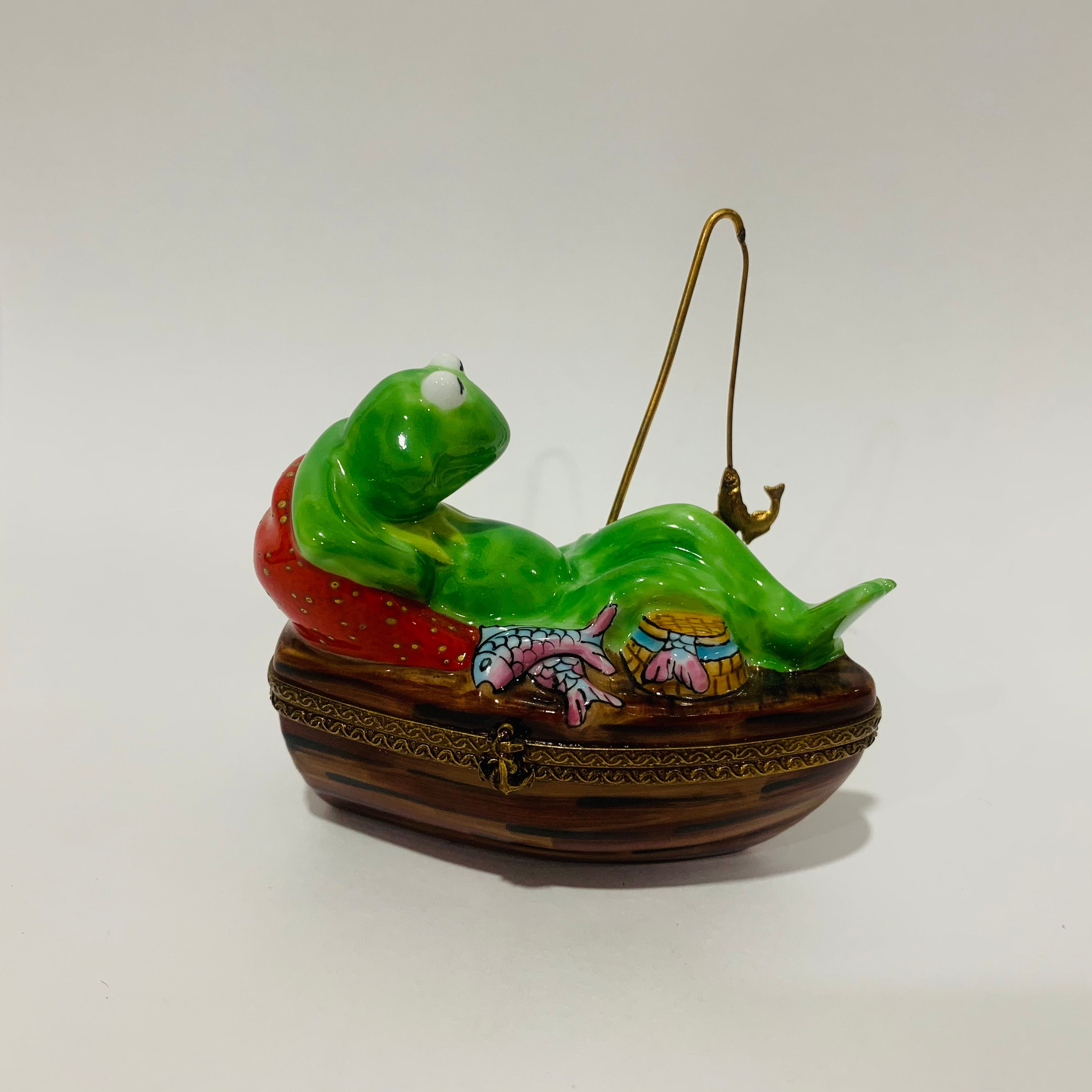 KERMIT the FROG W/ Fishing Rod ~ Bernardaud ~ Limoges Trinket Box