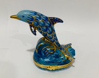 Stunning DOLPHIN *Herend Style* Fishnet Pattern ~ Limoges Trinket Box ~ Peint main ~ France