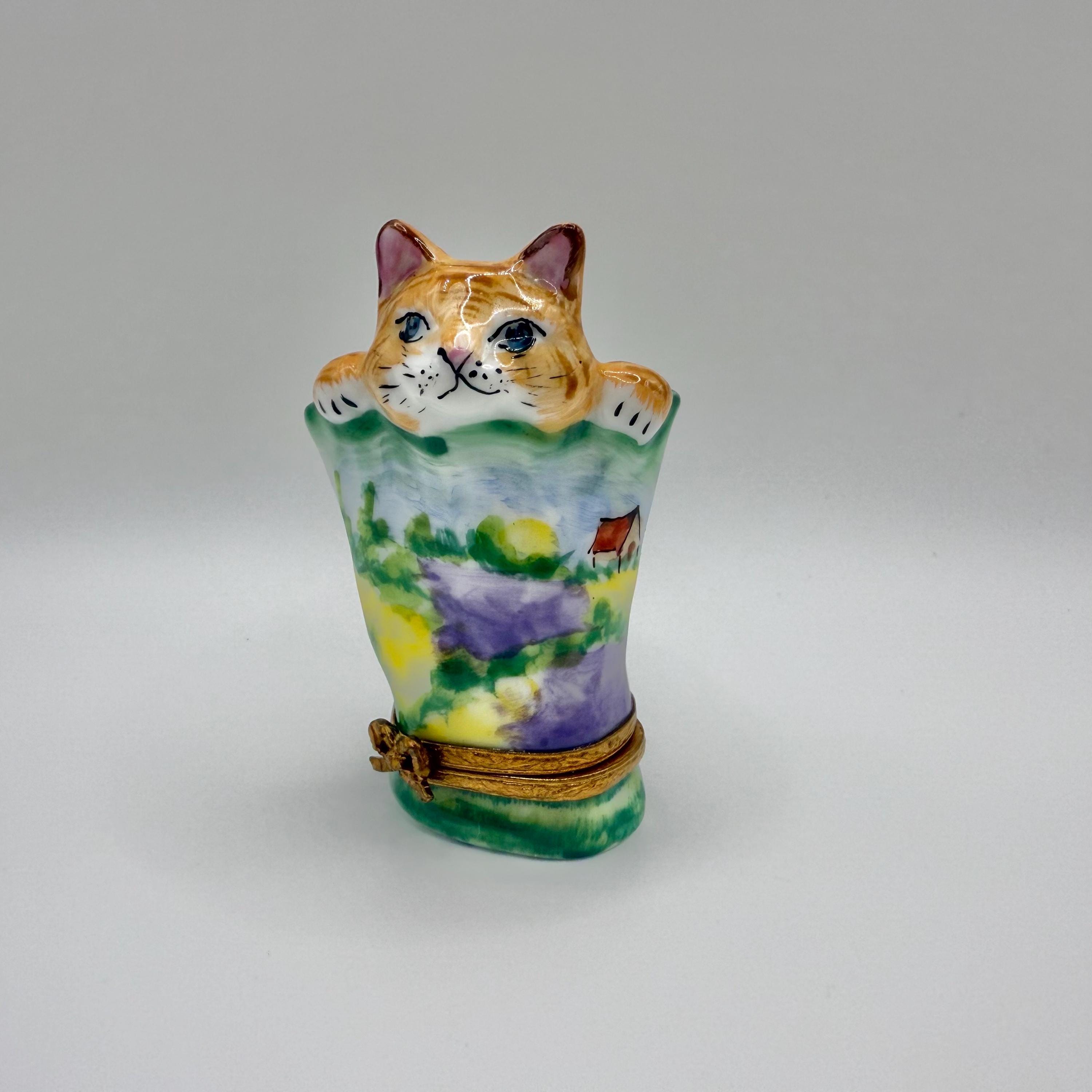 モネの睡蓮風印象派バッグに入った子猫〜リモージュの小物入れ