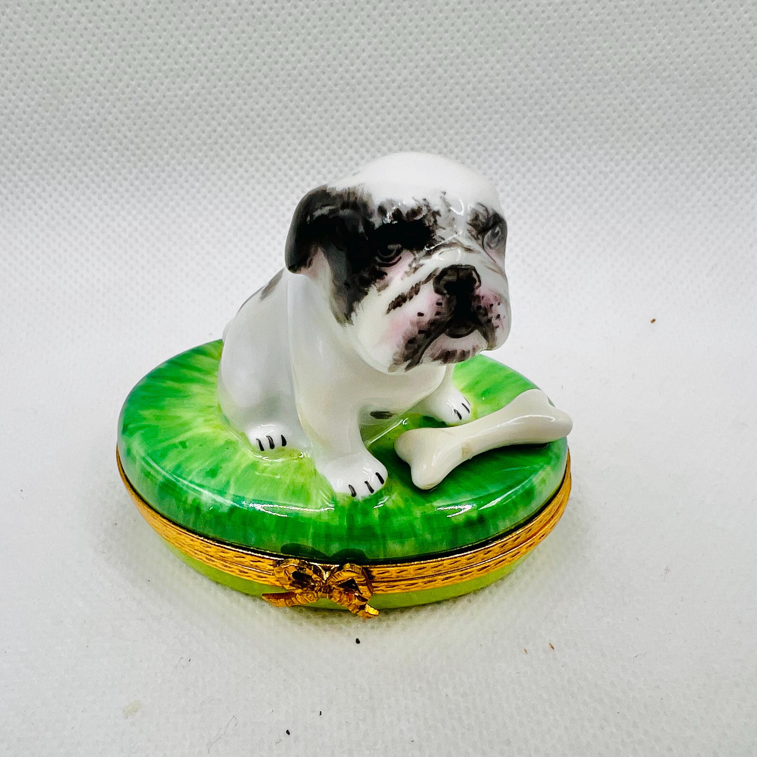 Adorable English Bulldog W/ Bone ~ Limoges Trinket Box ~ Pierre