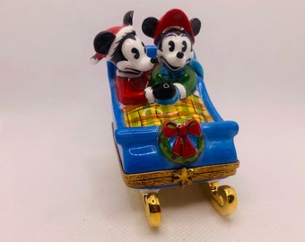 Splendidi Topolino e Minnie sulla slitta ~ ARTORIA ~ Portagioie Limoges ~ Peint main ~ Francia ~ Articolo natalizio Disney