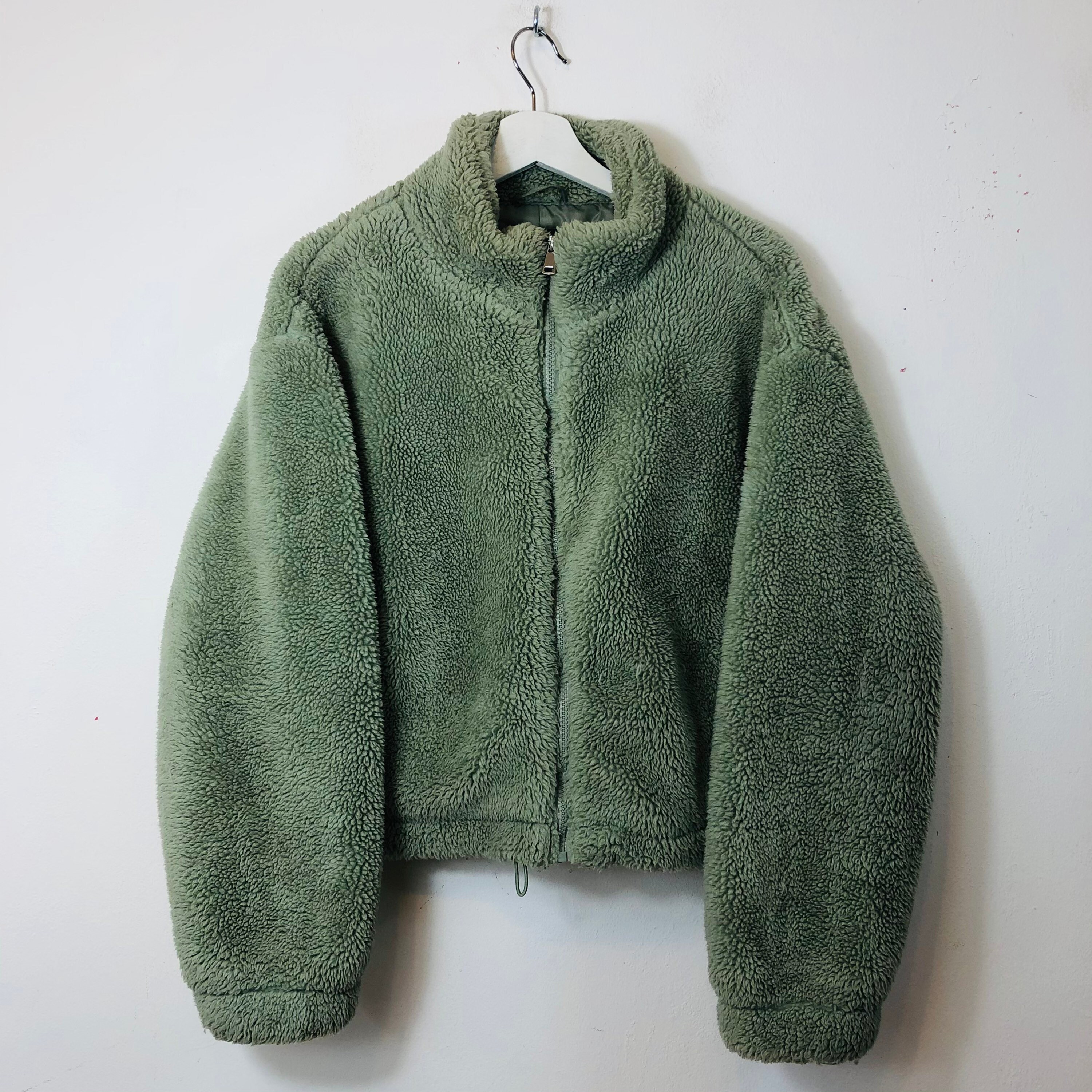 Image of Green Teddy Fleece Jacket Short Cotton Sweater Sweatshirt Jumper Top Uk Size