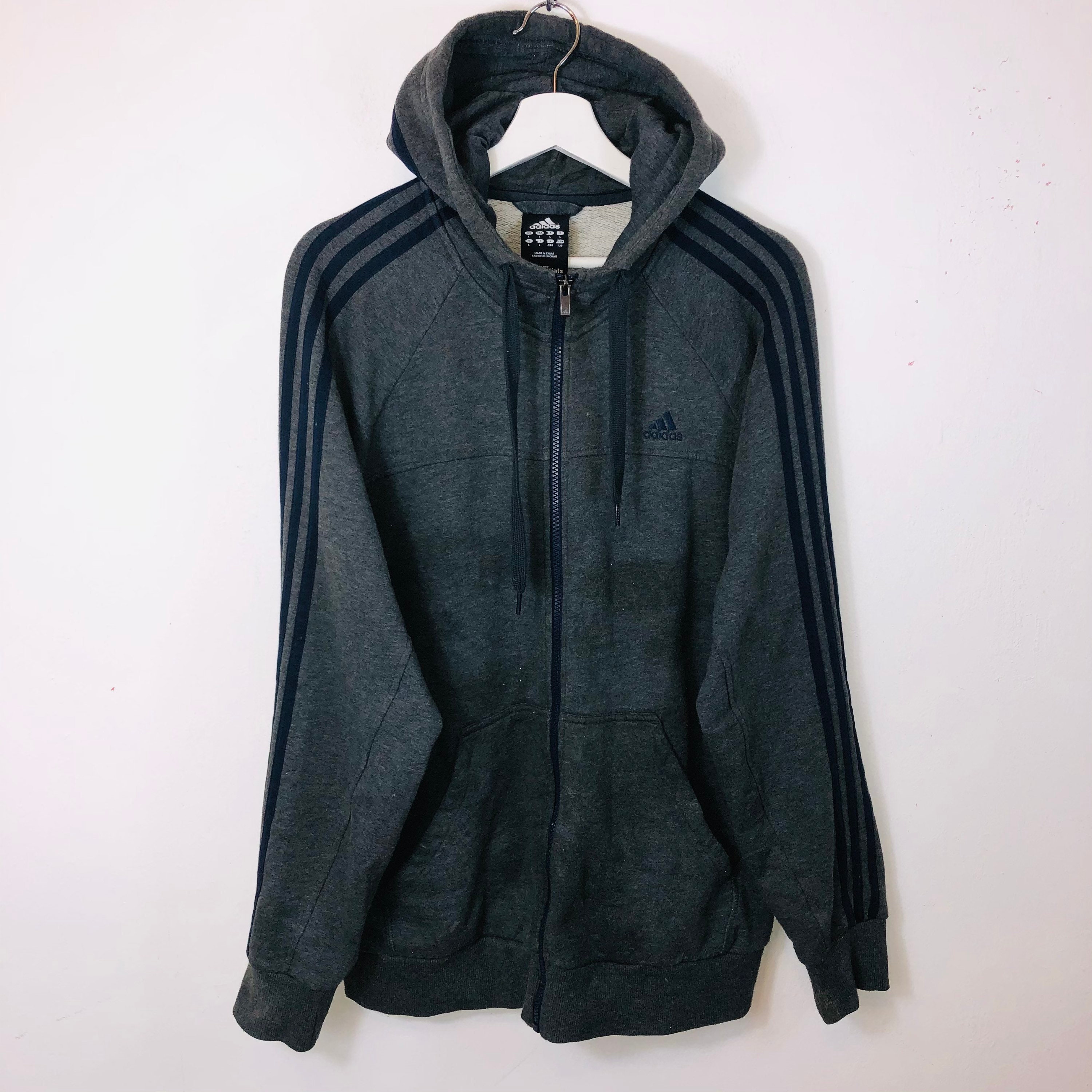 Image of Adidas Zip Hoodie Hood Hooded Jacket Sweater Sweatshirt Dark Grey Large Men's