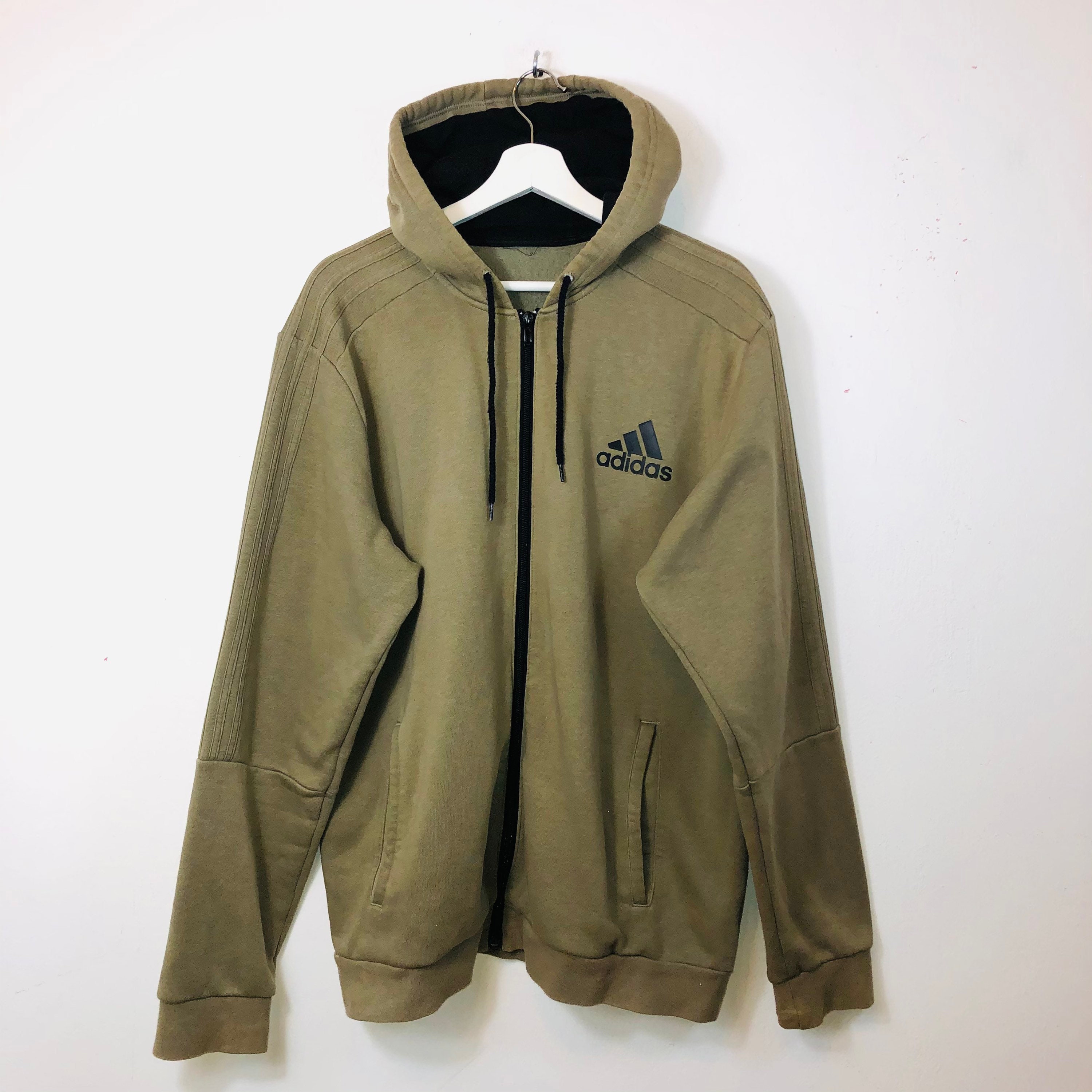 Image of Adidas Full Zip Hoodie Hood Hooded Jacket Sweater Sweatshirt Khaki Green Xl Mens