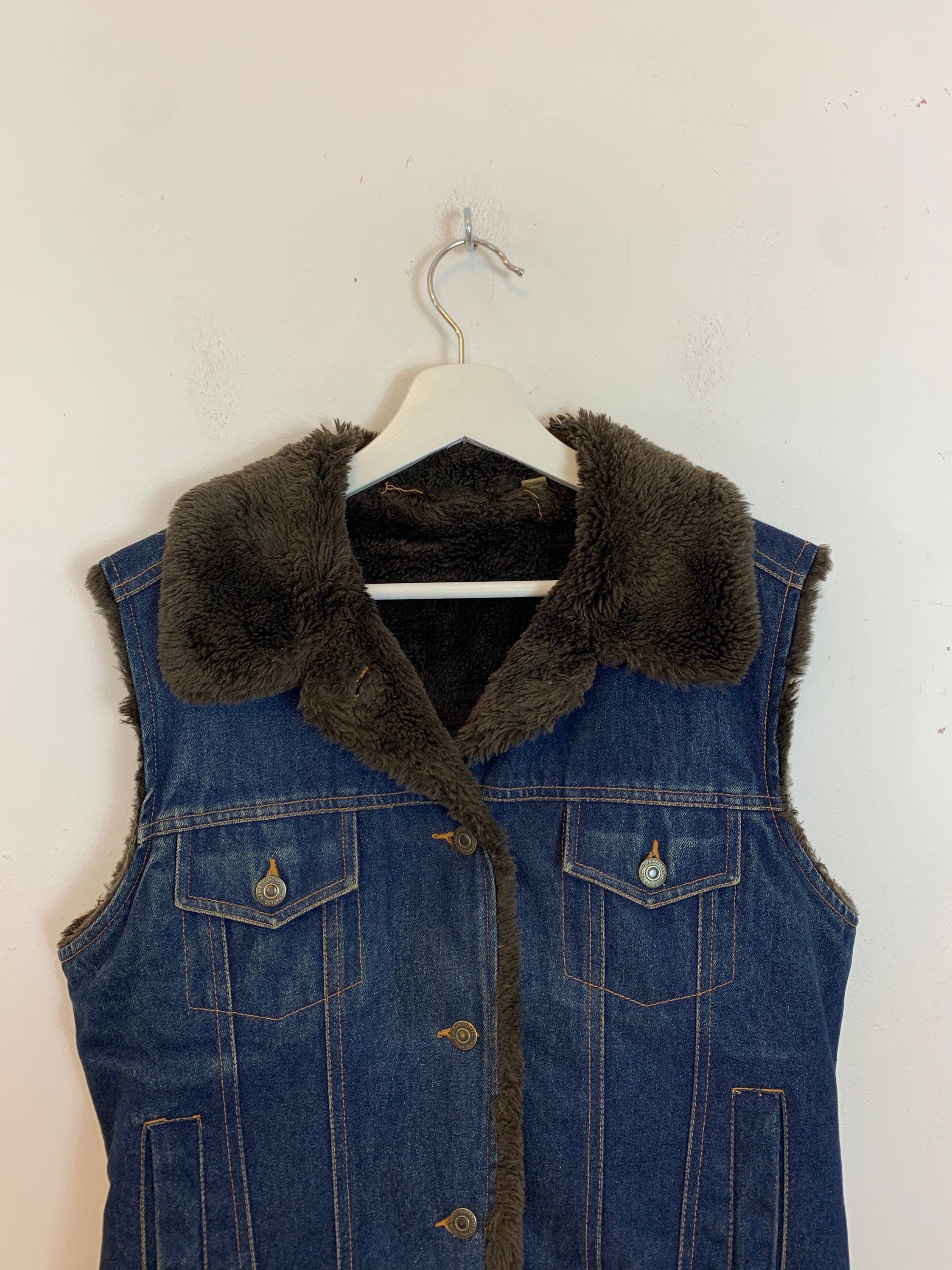 Men's Faux Fur Lined Denim Gilet Jacket Dark Blue Brown UK Etsy