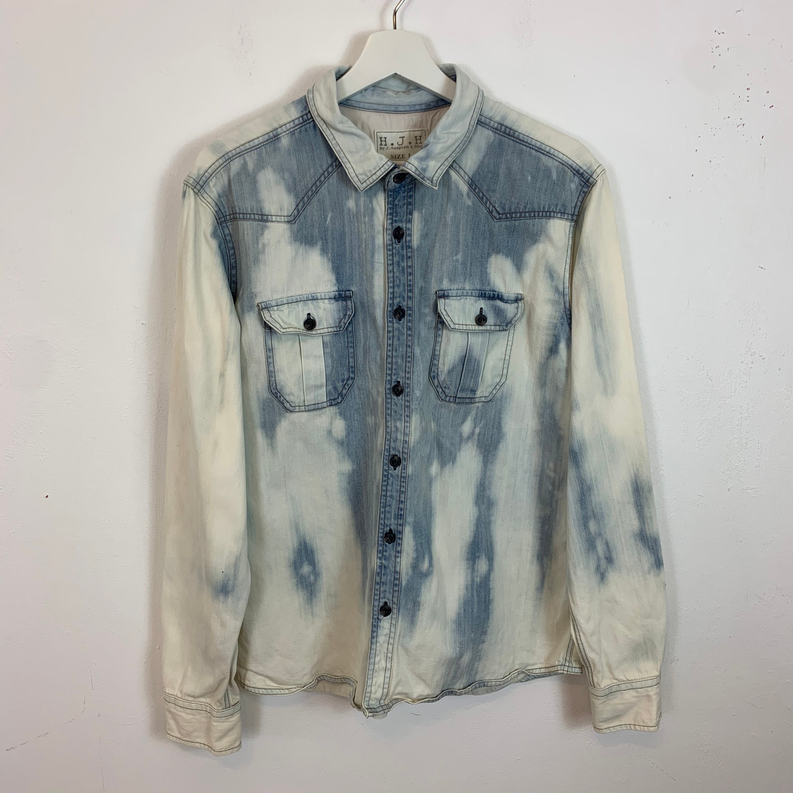Image of Men's Denim Bleach Tie-Dye Over-Shirt Button Long Sleeve Blue Uk Size L Large