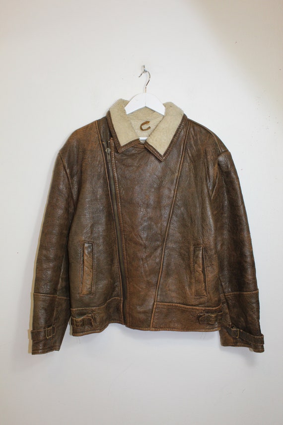 Mens Vintage Leather Flight Jacket with Sherpa Fur
