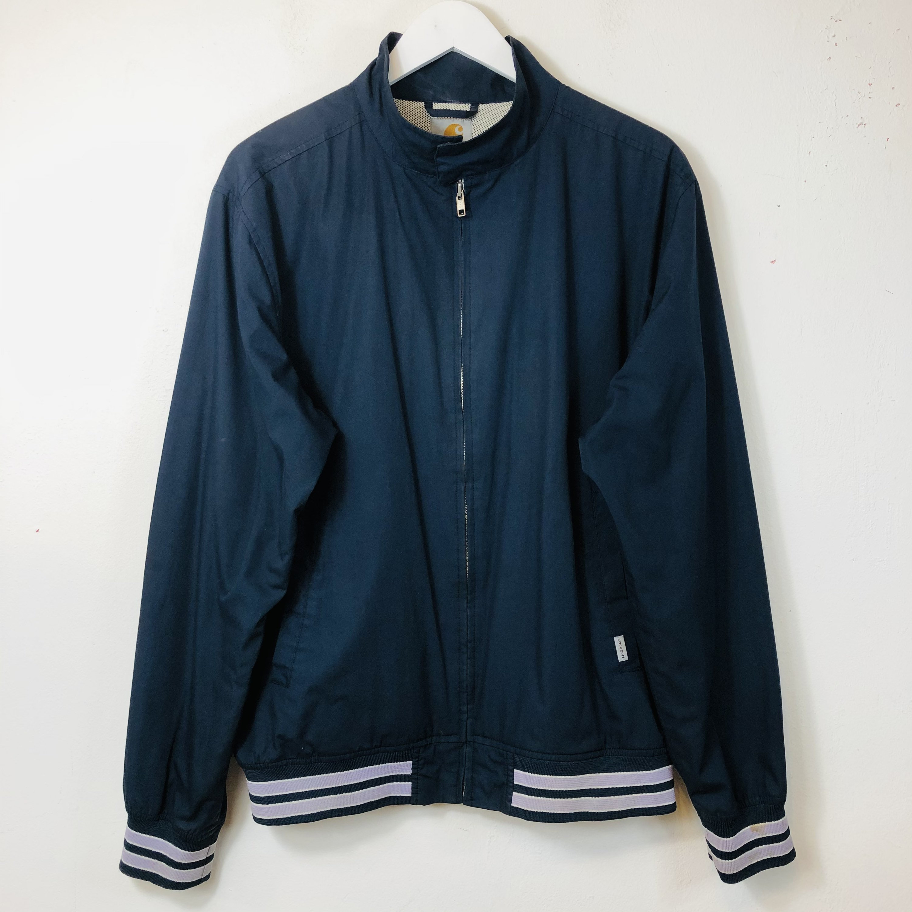 Image of Carhartt Harrington Jacket Bomber Coat Navy Blue Top Retro Vintage Large L Men's