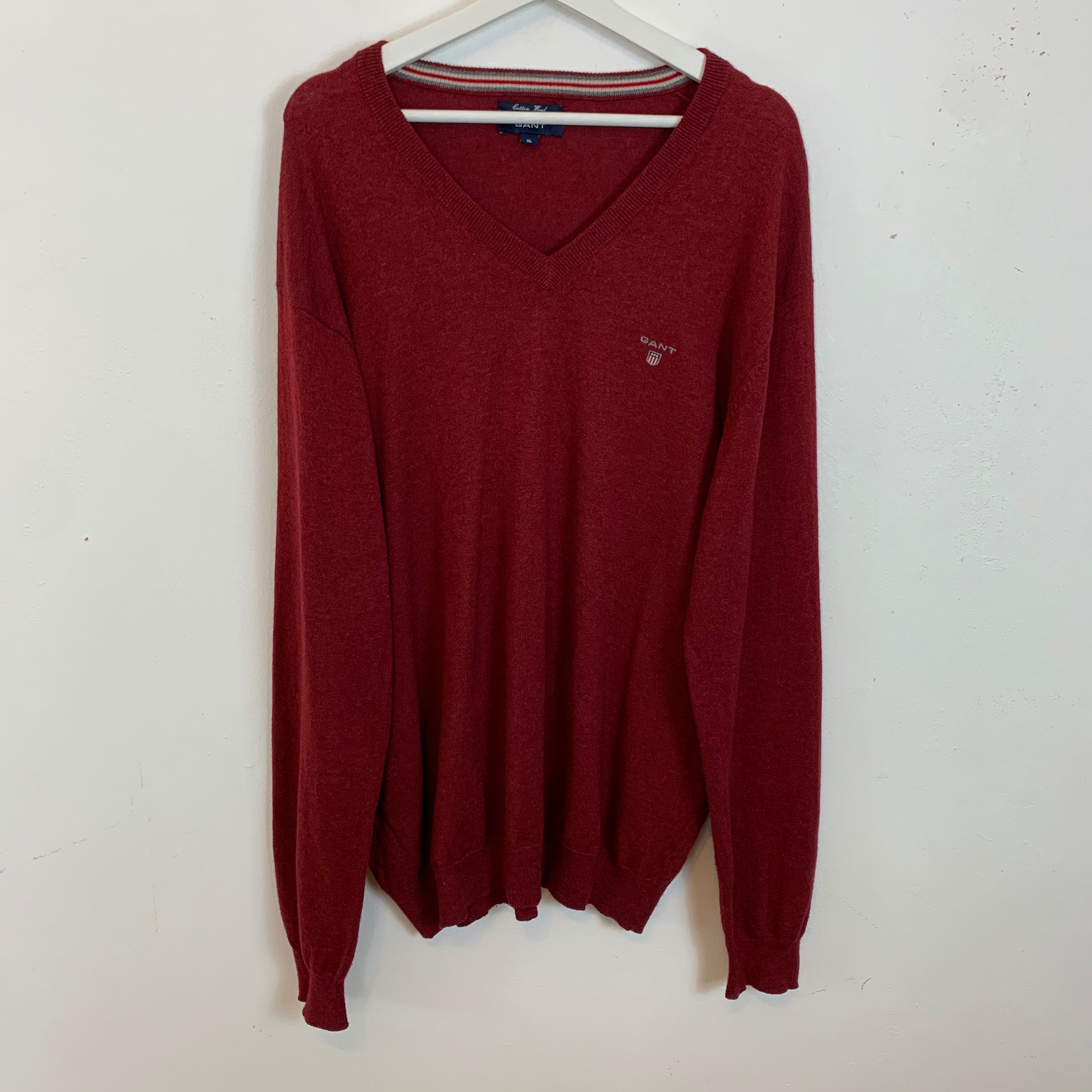 Image of Gant Wool Blend V-Neck Jumper Sweater Sweatshirt Top Red Knitted Xl Men's